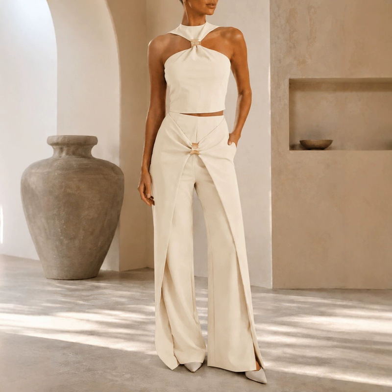 European and American Style Halter Neck Off-Shoulder Top and High-Waisted Wide-Leg Pants Two-Piece Set, Slim Fit, Fashionable Casual Vacation Outfit European and American Style Halter Neck Off-Shoulder Top and High-Waisted Wide-Leg Pants Two-Piece Set, Slim Fit, Fashionable Casual Vacation Outfit