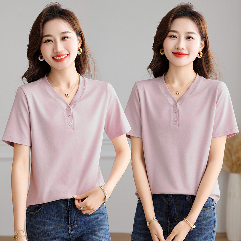 Fashion Casual Three-Button V-Neck Short-Sleeve T-Shirt for Women 2025 Summer New Stylish Middle-Aged Mom Outfit, Slimming and Flattering