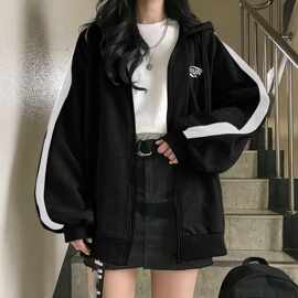 跨境外贸加绒卫衣女韩版原宿风拼色开衫口袋印花字母卫衣拉链外套