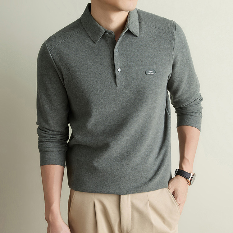 Men's solid-color polo shirt with a collar and long sleeves, suitable for business casual wear, fashionable and simple design, ideal as an inner layer for autumn Men's solid-color polo shirt with a collar and long sleeves, suitable for business casual wear, fashionable and simple design, ideal as an inner layer for autumn