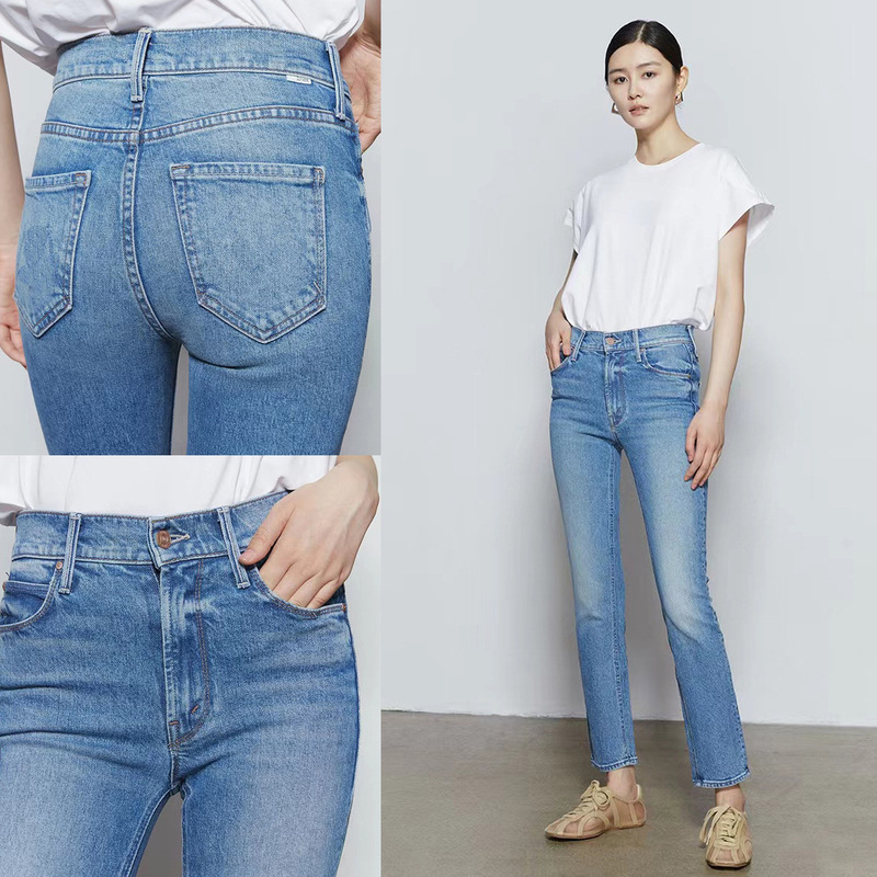 Early Spring 2025 New European and American Mo Same Style High-Waisted Colorful Blue Stretch Slim Straight Cropped Jeans for Women