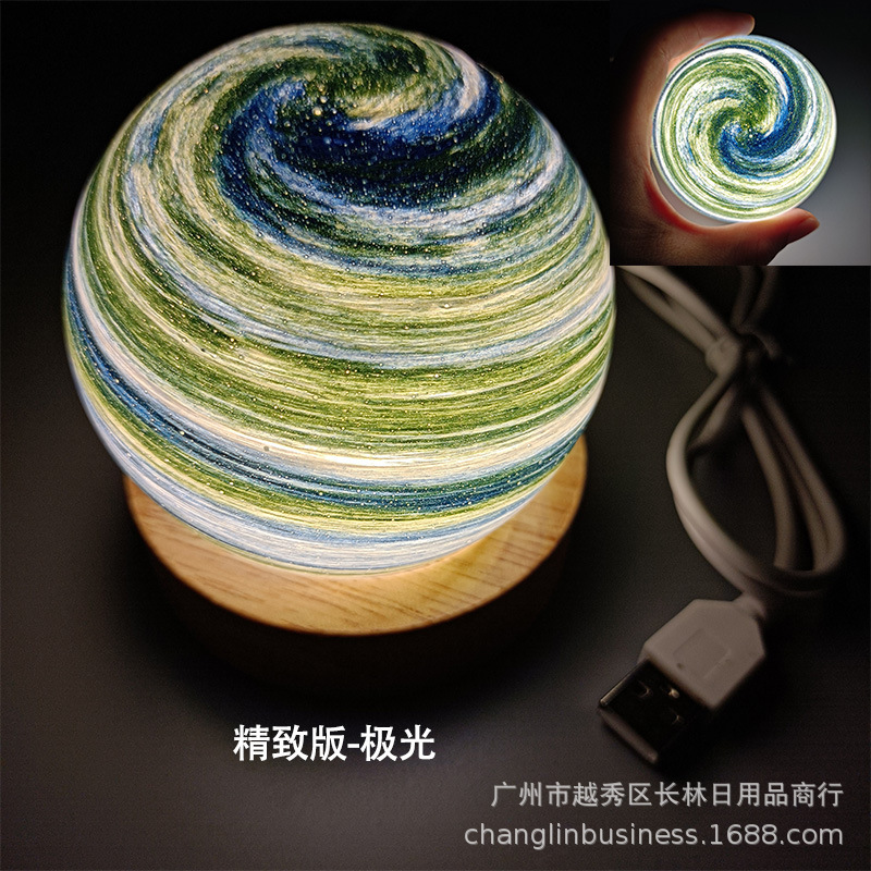 跨境星球灯星空灯极光台灯罩一体暮光星球小夜灯创意原木床头灯礼|undefined