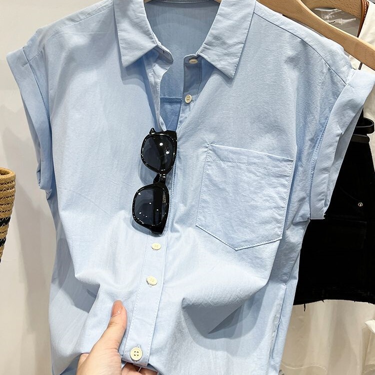 European-Style Light Blue Shirt for Women, Unique Design, New Summer Style, Stylish and Elegant Short-Sleeve Blouse