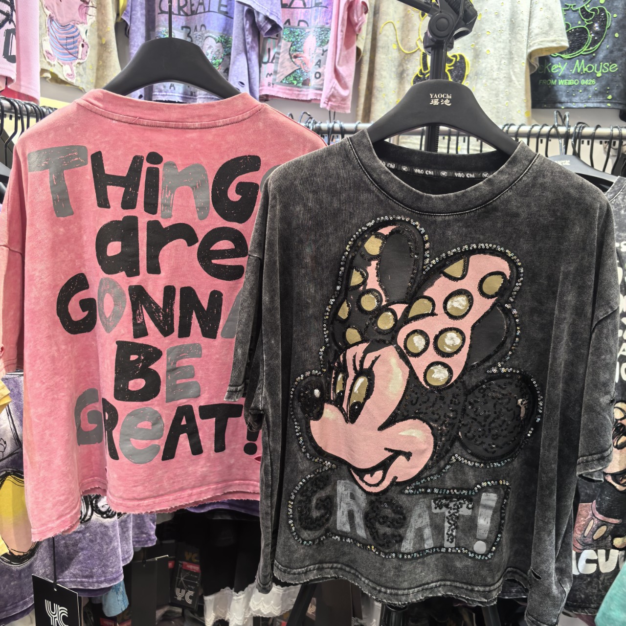 Marca de moda europea, industria pesada, tie-dye, diamantes completos, Mickey, cuello redondo, camiseta de manga corta, tendencia suelta corta, verano femenino, nuevo estilo