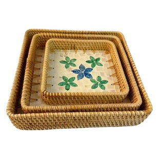 Rattan woven Nordic creative color shell tray stitching woven storage fruit plate decoration tray tea storage dessert basket