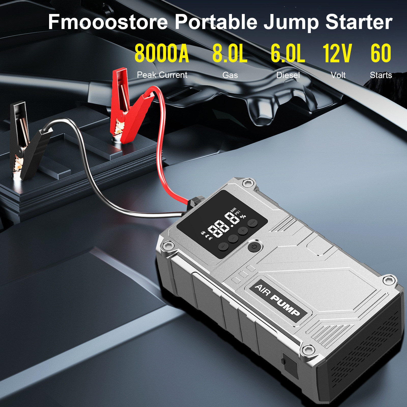 跨境专供汽车应急启动电源充气泵一体机搭电充气多功能高效使用