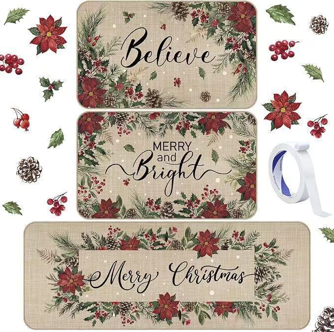 Cross-border Christmas kitchen floor mat three-piece set, corridor dirt-resistant and wear-resistant foot mat, home use long strip dustproof decorative floor mat