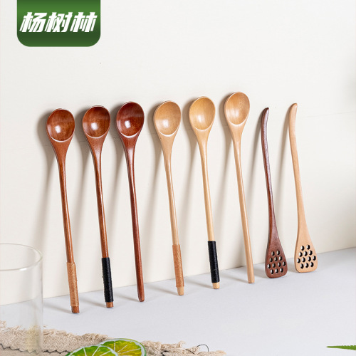 Internet celebrity Japanese wooden long handle honey spoon mini coffee spoon thin handle mixing spoon household small spoon wooden spoon tableware