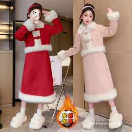 女童毛毛拼接套装2023冬季新款大童女孩时尚高级感半身长裙两件套