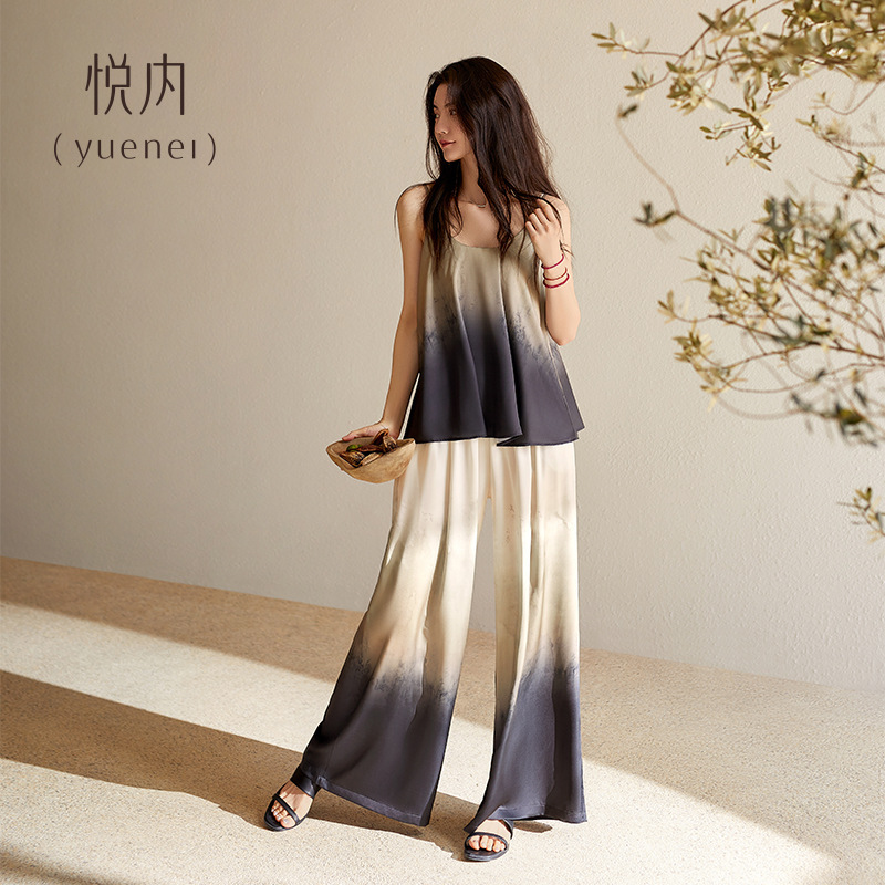 Yuenai パジャマ胸パッド付き女性の夏サマーキャミソールワイドレッグパンツアイスシルクホーム服グラデーションタイダイ|undefined