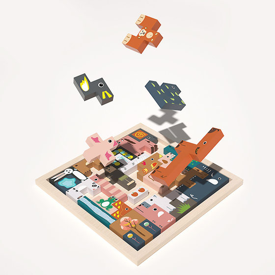 Young Children's Wooden Cartoon Forest Animal Tetris Block Block Three-dimensional Puzzle Puzzle Puzzle Educational Toy
