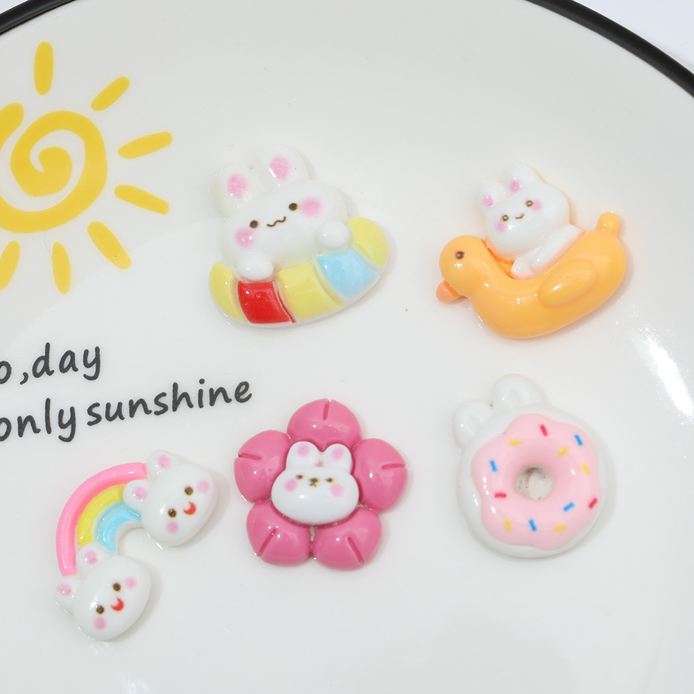 Brillante Arco Iris lindo conejo donut DIY accesorios de resina teléfono móvil Shell horquilla accesorios para el cabello agujero zapato hebilla material al por mayor