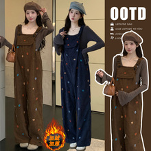 实拍现 货 秋冬纯棉喇叭袖打底上衣+加绒加厚刺绣韩版背带裤