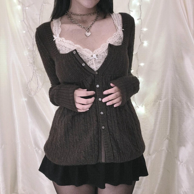 Y2K Knitted Sweater Women's Vintage Single-breasted Long-sleeved Knitted Cardigan Fashionable All-match Slimming Square Collar Top Cross-border