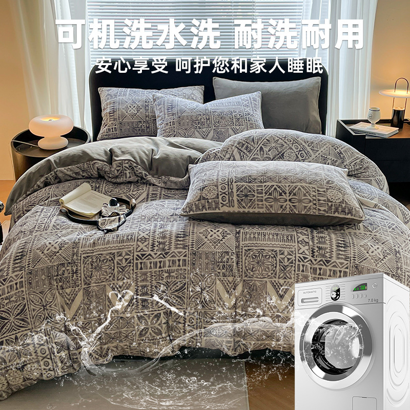 Invierno de leche de lana de cama de cuatro piezas, cubierta de lana de coral gruesa, cubierta de sábanas y franela de lana para una persona, tres piezas