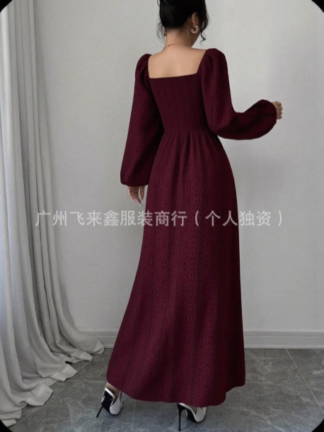 跨境连衣裙2025秋季欧美女款时尚优雅最新方领|undefined