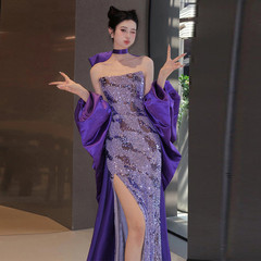タキシードの紫色の気質の名媛の誕生日の宴会の新婦の敬酒服の軽い豪華な大衆の司会者の魚の尾のワンピース