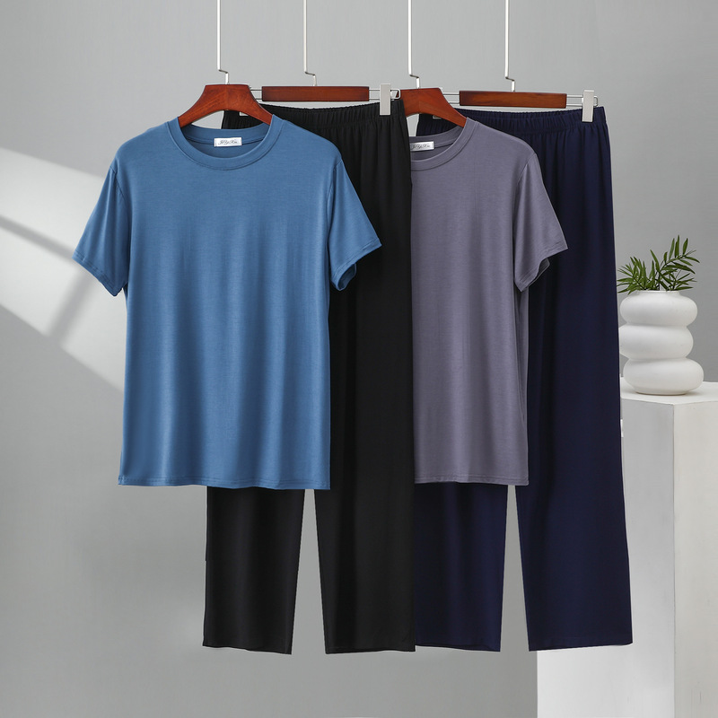 New Summer Cotton Men's Short-Sleeve Straight-Leg Pants Set, Lightweight, Breathable, Loose, Casual Two-Piece Outfit
