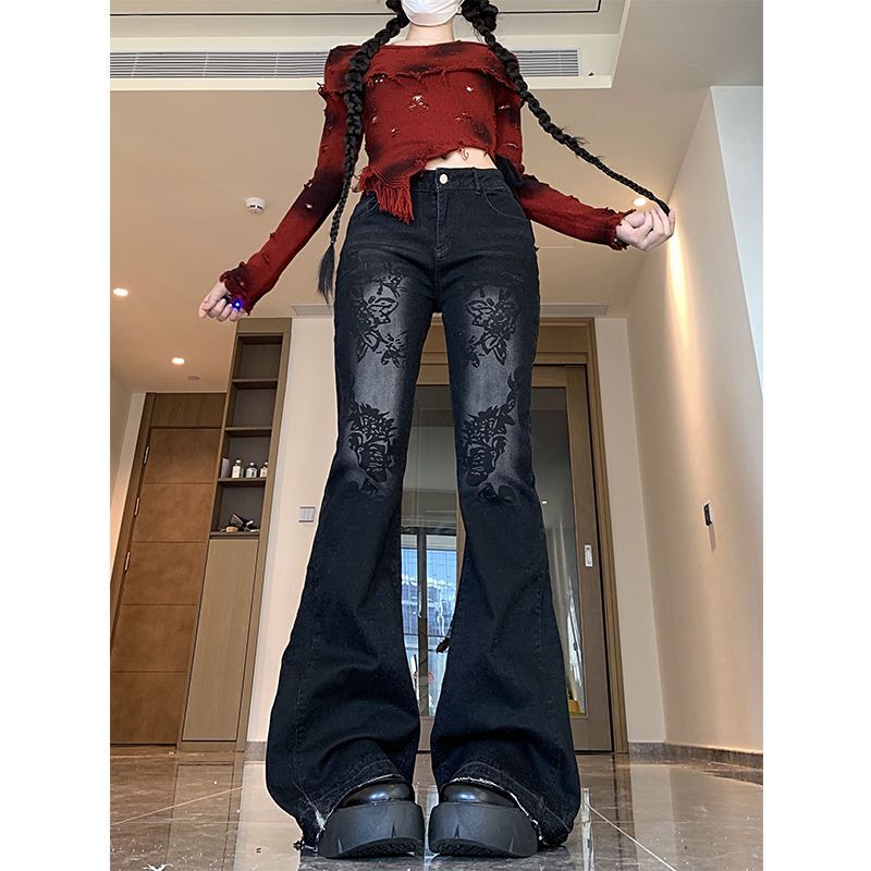 Y2K Vintage Low Waist Washed Printed Flared Jeans Women's Subculture Slim-fit Stretch Hot Girl Slim-fit Horseshoe Pants Y2K Vintage Low Waist Washed Printed Flared Jeans Women's Subculture Slim-fit Stretch Hot Girl Slim-fit Horseshoe Pants