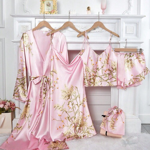 Simple Five-Piece Set Floral Wheat Grain Nightgown for Women, Thin Robe with Straps, Shorts with Straps, Home Set