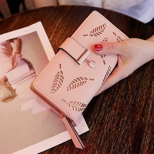  New Women's Wallet Sweet and Graceful PU Leather Horizontal Zipper Women's Medium-Long Length Leaf Embossed Coin Purse