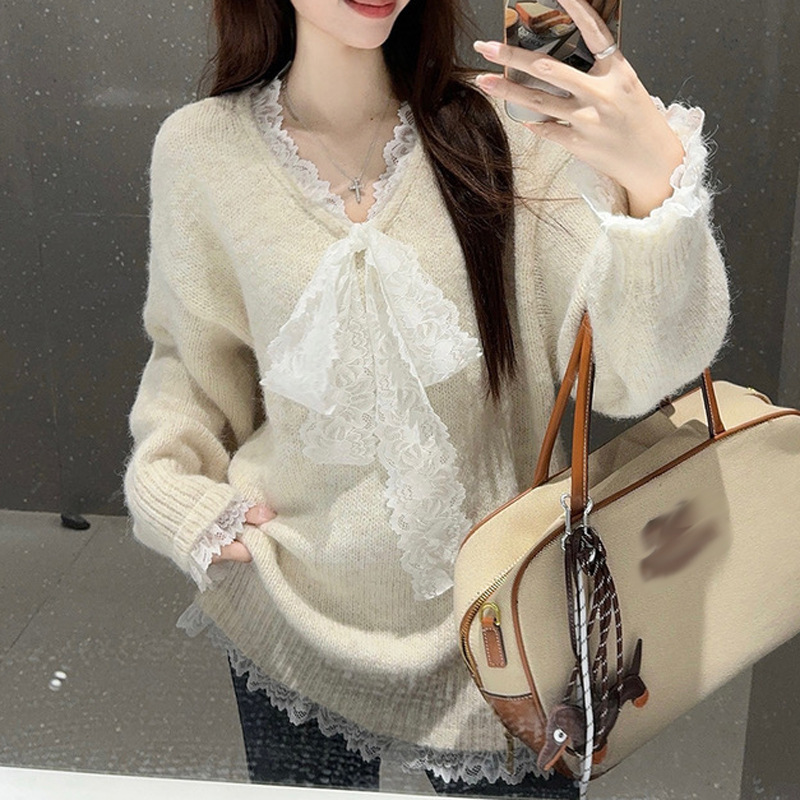2025早秋小众女装韩系蕾丝拼接百搭打底纯色针织衫套头毛衣女|undefined