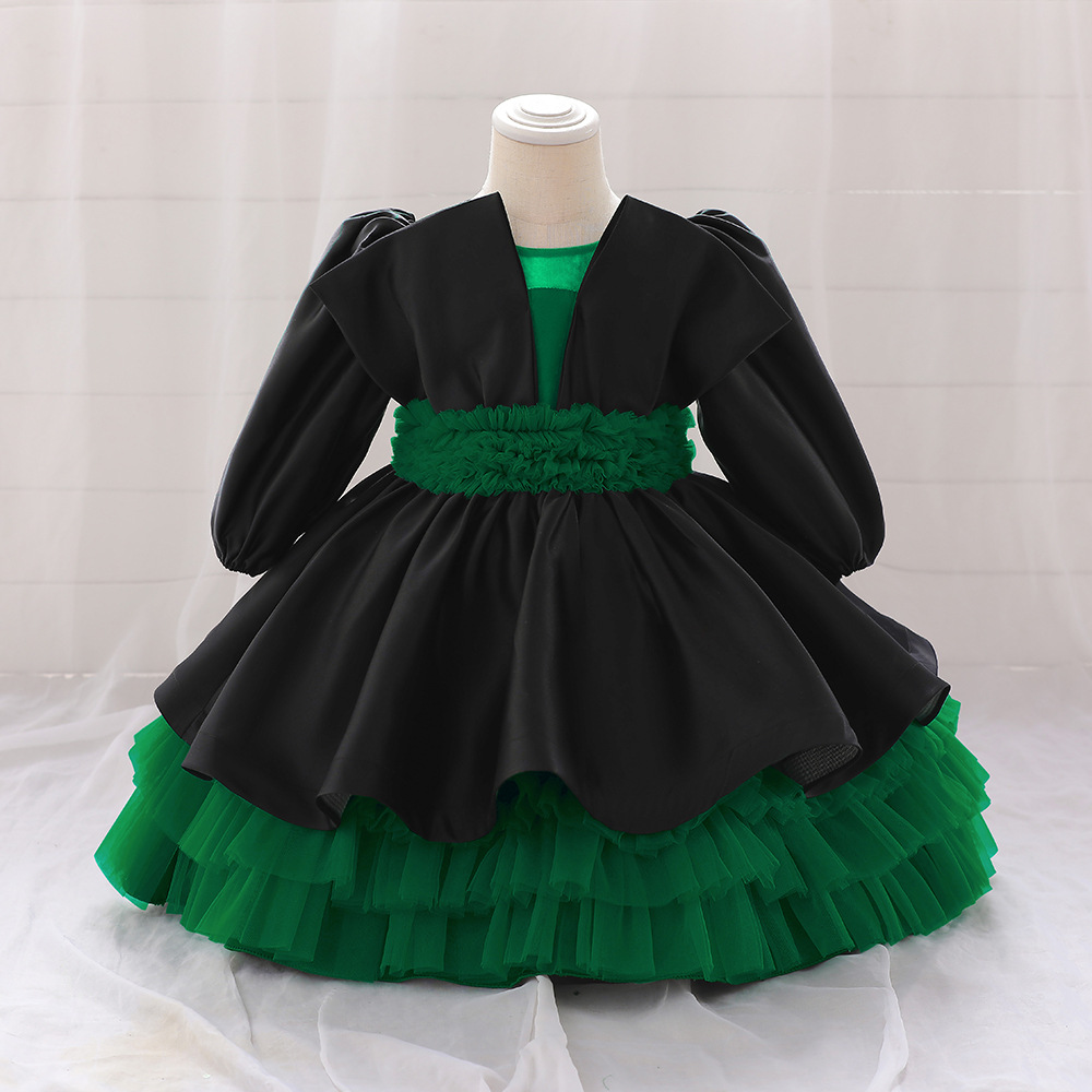 Comercio exterior nuevo vestido de los niños infantiles bebé años de edad vestido de banquete plisado malla manga larga mullido princesa vestido en stock