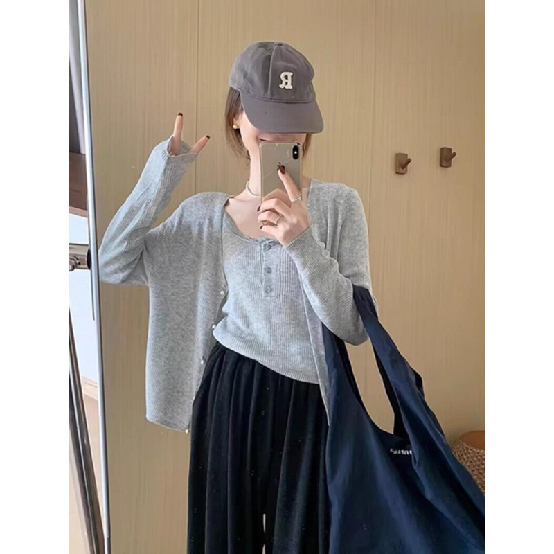 花边吊带两件套针织衫上衣女秋季新款甜美气质简约风百搭套装时尚|undefined