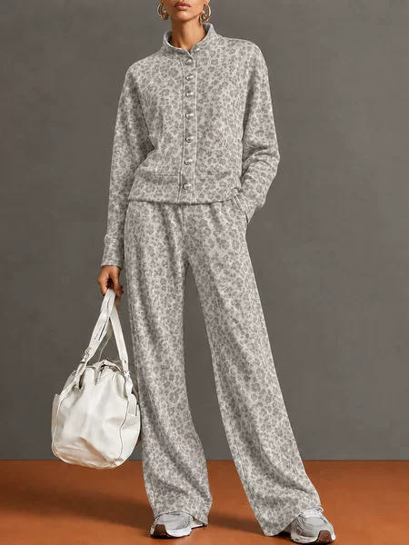 2026 Autumn/Winter European and American Cross-Border Women's Fashion Retro Leopard Print Stand Collar Single-Breasted Jacket and Wide-Leg Trousers Casual Suit for Women