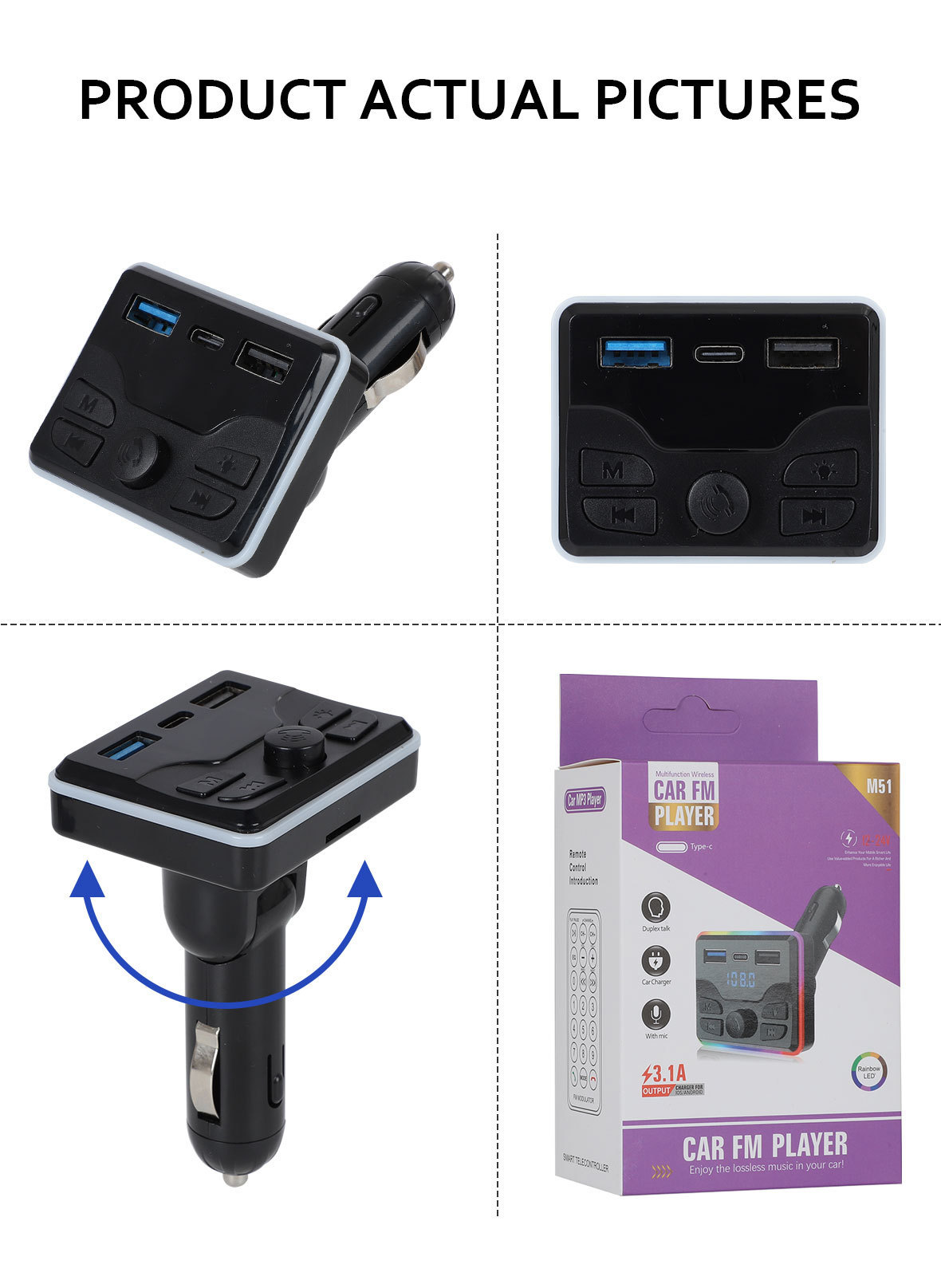 M51 car mp3 bluetooth player U disk music PD charger fast charge hands-free call receiver FM transmitter