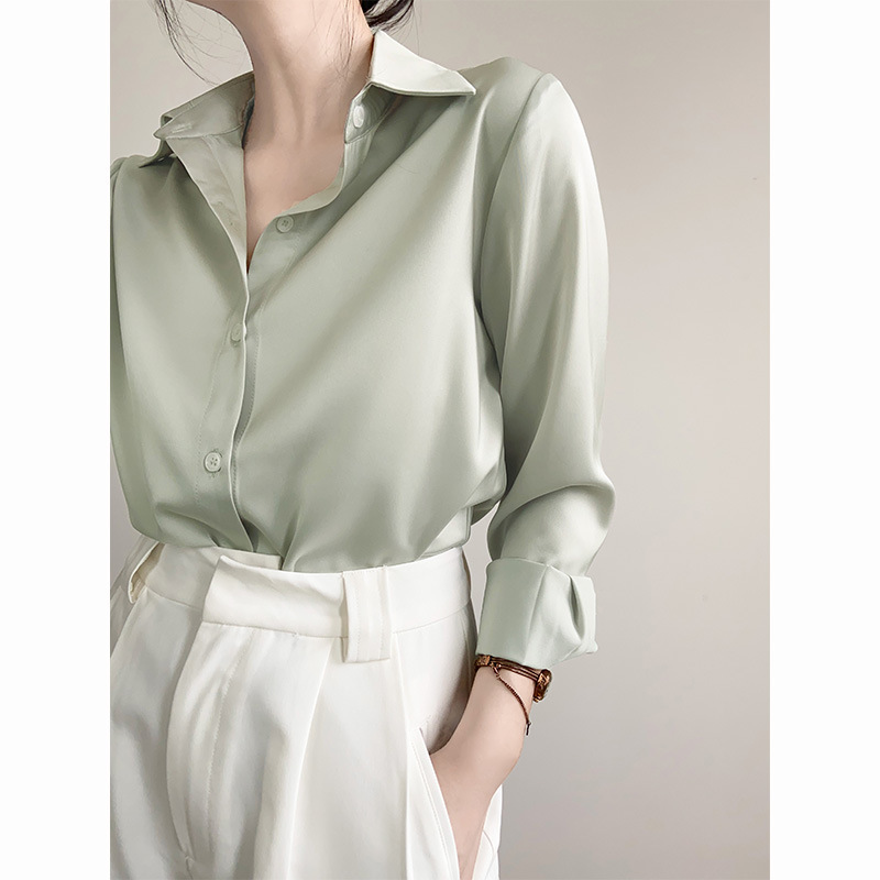 Acetic Acid Satin Shirt Women's Summer High-end Tencel Shoulder Silk Top Light Mature Style Elegant Ladies Shirt Acetic Acid Satin Shirt Women's Summer High-end Tencel Shoulder Silk Top Light Mature Style Elegant Ladies Shirt