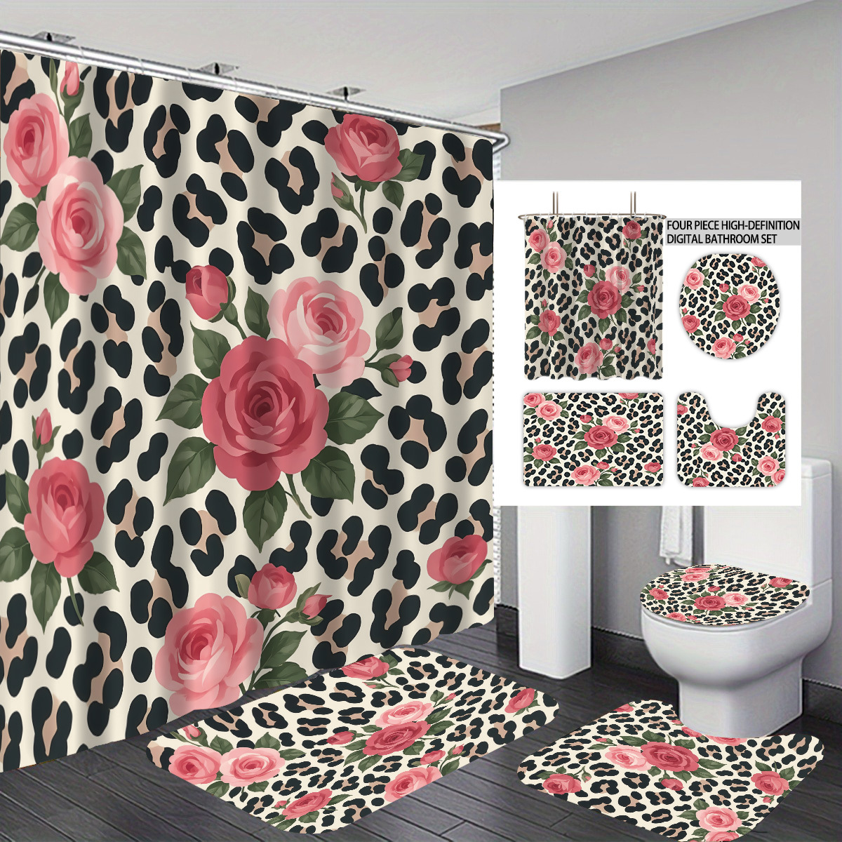 Agente de poliéster Mei Ke más cortina de baño impermeable serie de agua floral 3D impresión digital cortina de baño cuatro piezas alfombra absorbente