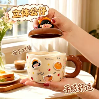 可爱卡通面包男孩女孩带盖陶瓷杯马克杯水杯家用礼品杯情侣喝水杯
