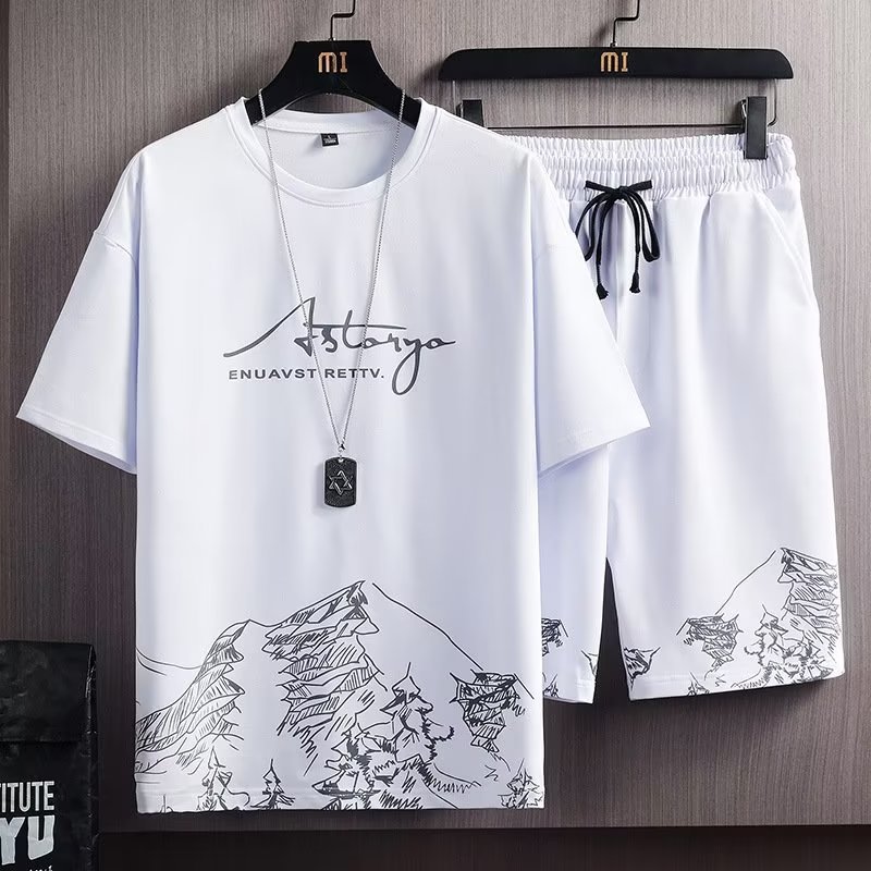2023 Hong Kong Style Summer Korean Style Sports Suit Boys Loose T-shirt Students Short Sleeve Simple Pants for Foreign Trade