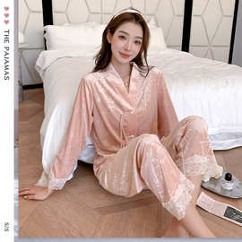 国风图案金丝绒睡衣甜美印花蕾丝边粉色女生睡衣套装家居服两件套