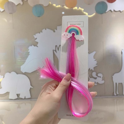 Multi-colored candy woven wig, colored straight hair wig for girls, bow and unicorn hair clip woven wig