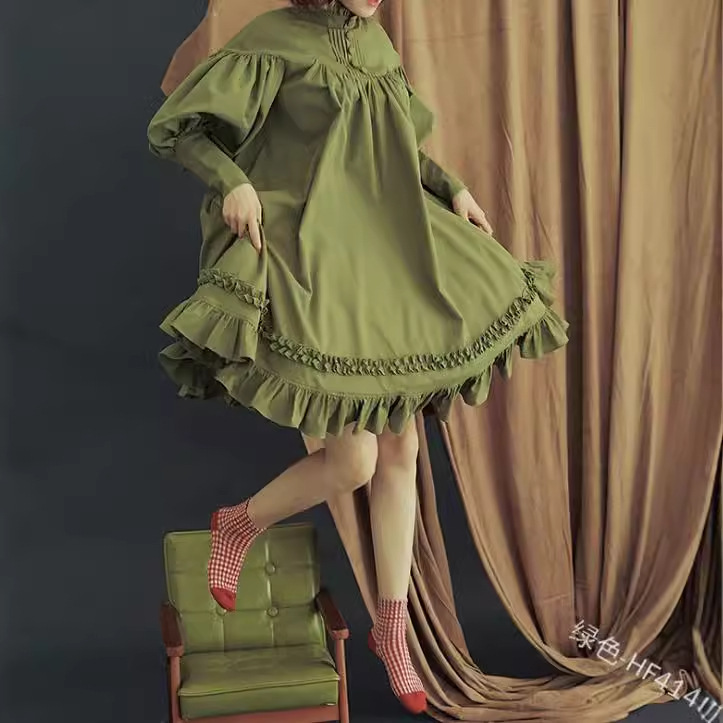 日系メイドcos服新作長袖ゆったりボタン立襟レース灯籠袖飾り純色lワンピース|undefined