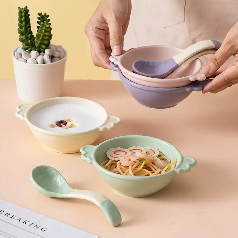 马卡龙迷你双耳碗高颜值甜品碗陶瓷家用宝宝辅食碗可爱汤碗沙拉碗
