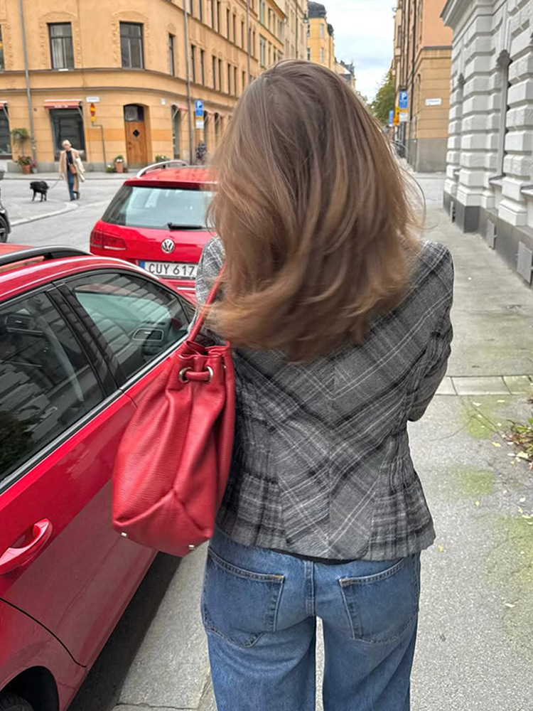 Abrigo Corto de Lana con Estampado a Cuadros Poliéster Térmico para Otoño e Invierno