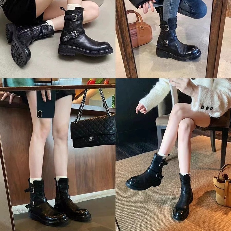 现货牛皮葡萄妈真皮复古短靴女百搭显瘦机车靴子粗跟皮带扣马丁靴|undefined