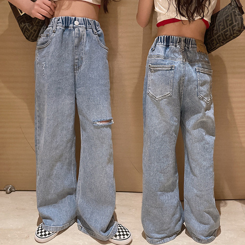 Orange Tiger 2024 Korean version spring and autumn style medium and large children's girls' fashionable little girls' denim floor mopping pants foreign trade children's