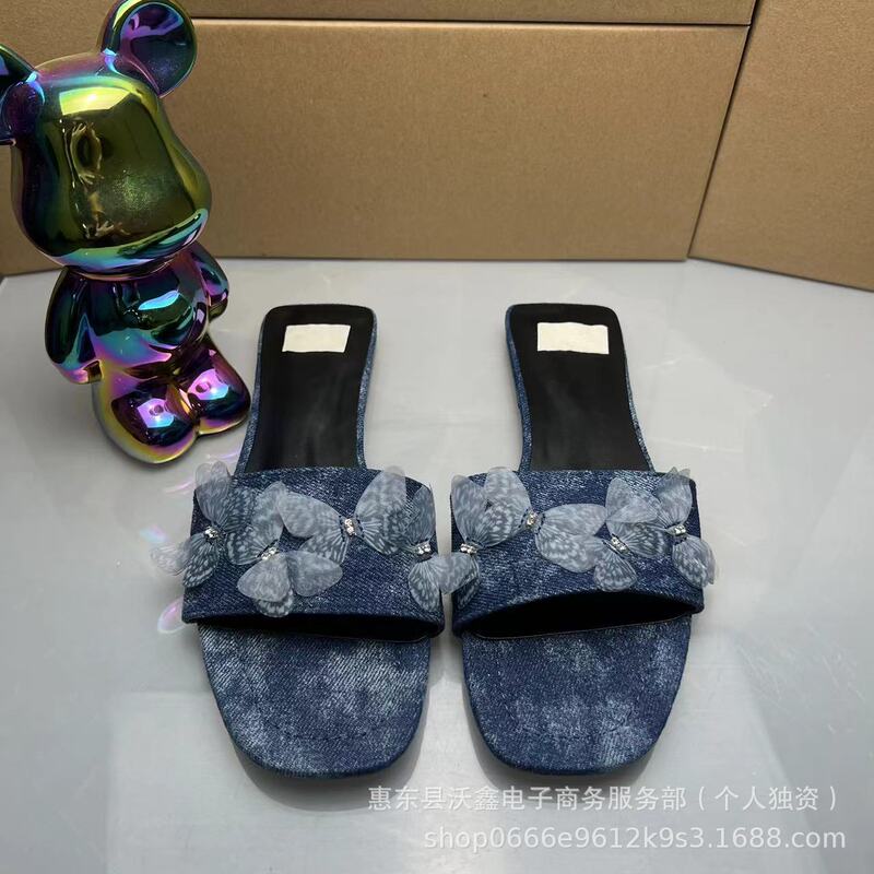 Woxin ZA Spring New TRF Women's Shoes Blue Denim Butterfly Decorative Flat Sandals Old Vintage Slippers Women