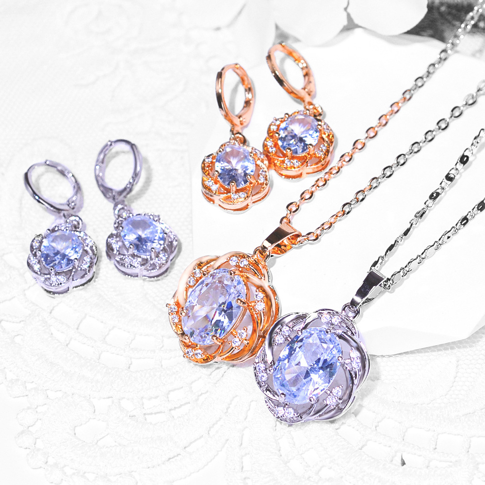 Europa y América de moda bronce incrustado gran pendientes de zircon collar conjunto de joyería pendientes de mujer colgante hermosa joyería transfronteriza