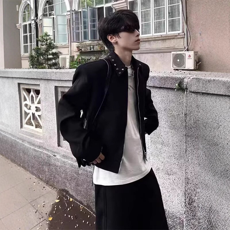 cleanfit黑色短款垫肩外套男高级感痞帅上衣美式金属铆钉行政夹克