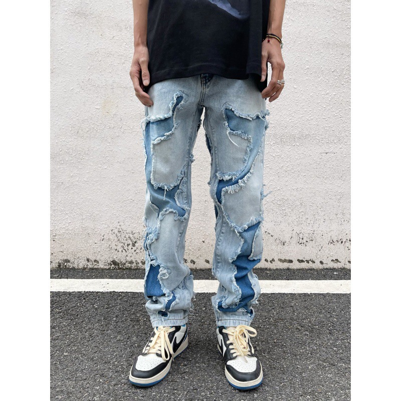 American Street Knife Cut Hole Patch Washed Straight Jeans Men's and Women's High Street Personalized Hip-Hop Loose Long Pants American Street Knife Cut Hole Patch Washed Straight Jeans Men's and Women's High Street Personalized Hip-Hop Loose Long Pants
