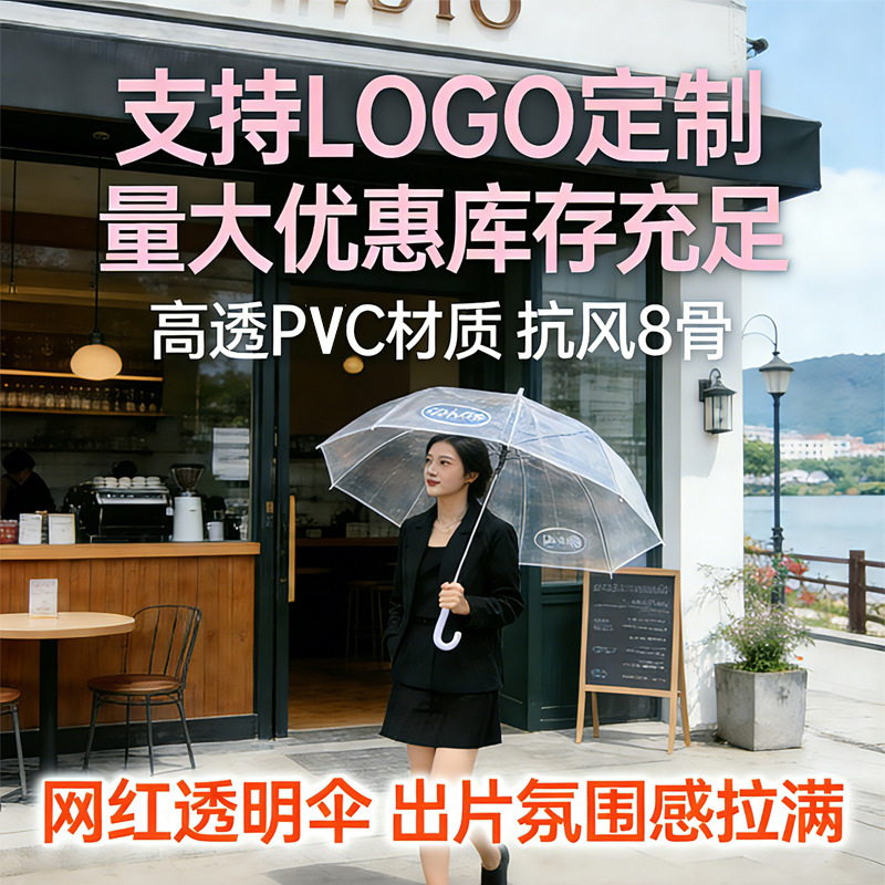 Popular Transparent Umbrella with Long Handle, Large Size, Double-Person, White, Trendy, Automatic, Sturdy, Oversized, Foldable, Solid Color Umbrella