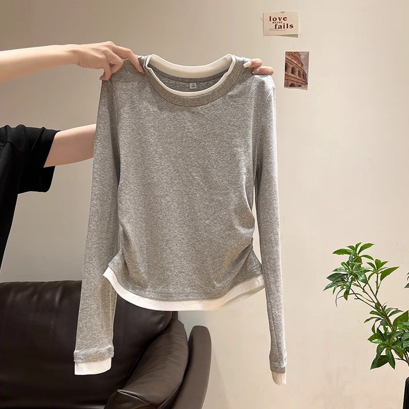 Fake Two-piece Crewneck Stitching Long-sleeved Inner Wing Women's Spring and Autumn Shoulder Slim-fit Slimming T-shirt Small Base Shirt Top