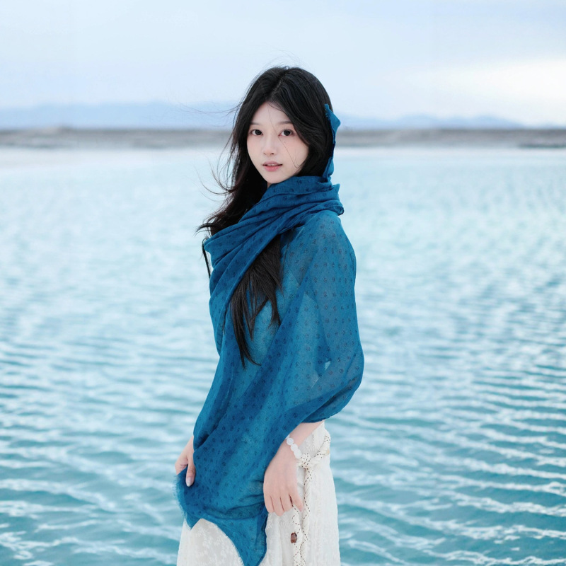 蓝色青海湖废土风棉麻围巾女薄款西北旅游文艺丝巾披肩纱巾民族风|undefined
