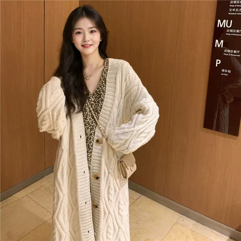 跨境菱形麻花针织开衫女秋冬新款宽松V领中长款慵懒风毛衣女外套