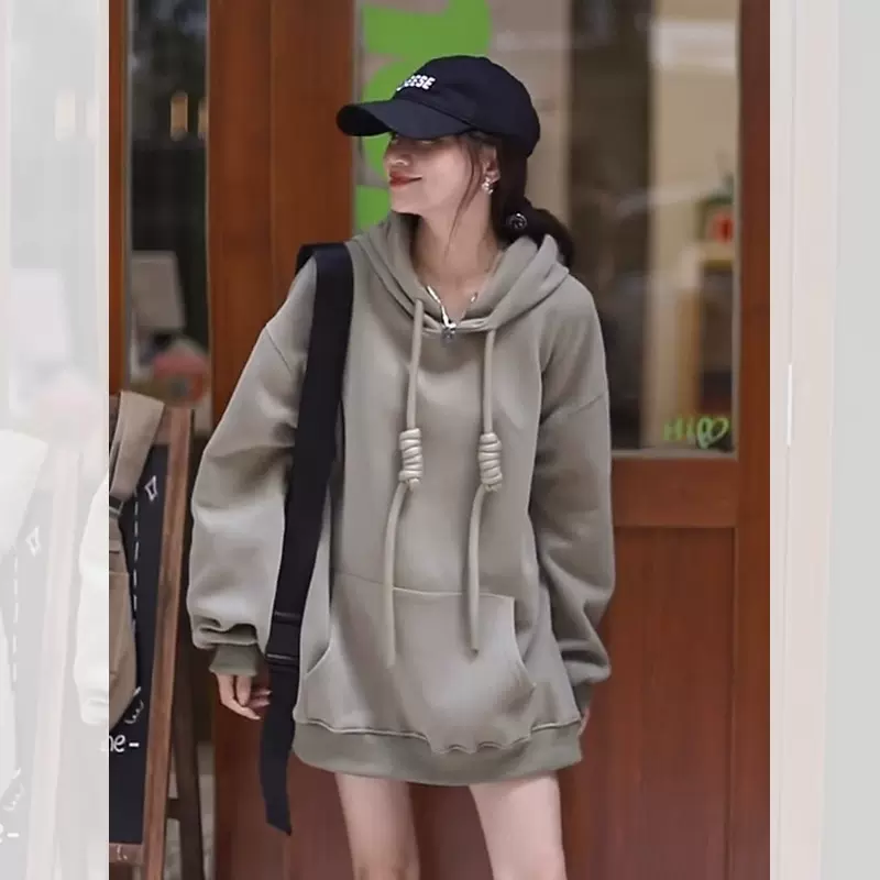 纯色加绒加厚连帽卫衣女春秋新款复古情侣装大版上衣ins网红潮流